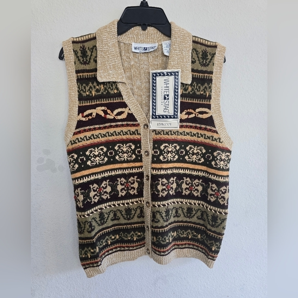 VTG White Stag Sweater Vest Women L Button Up Collared Nordic Boho Artsy… - Picture 3 of 11
